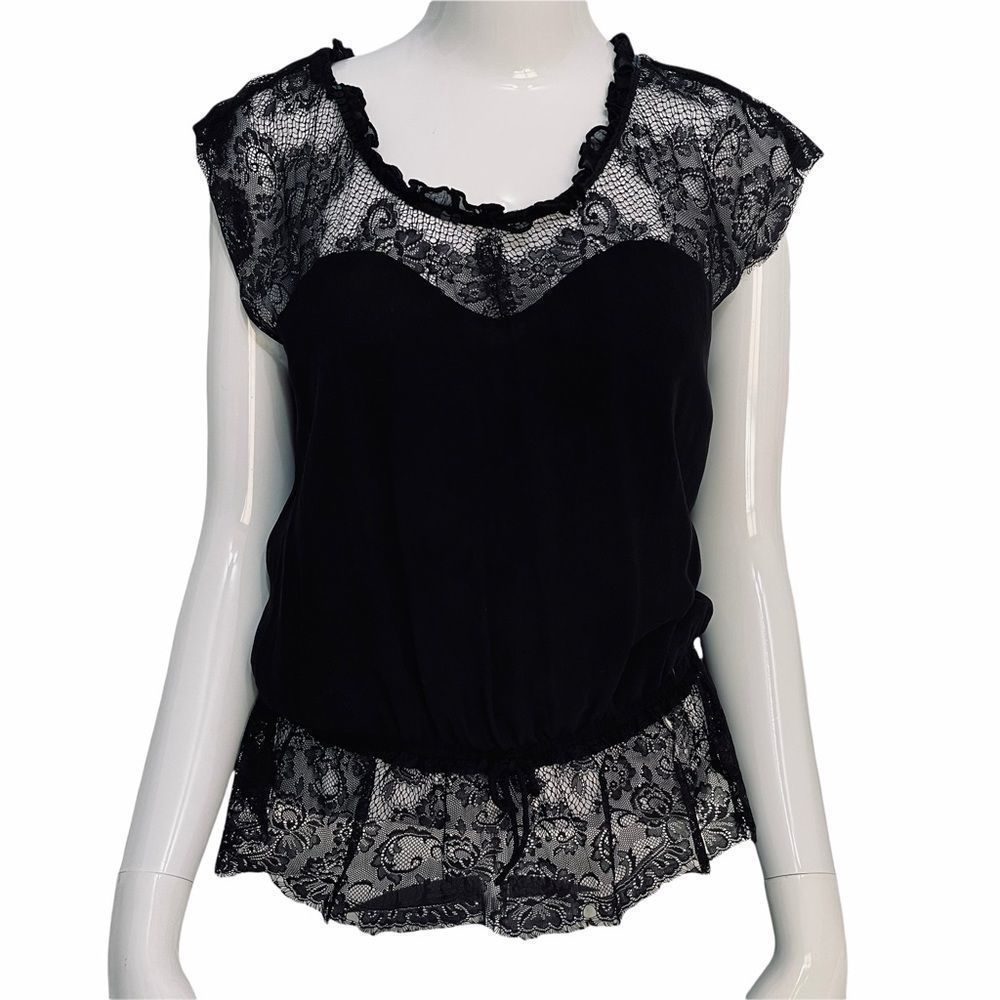 Express Black Lace Peplum Silk Blouse Sequins M - Picture 2 of 15